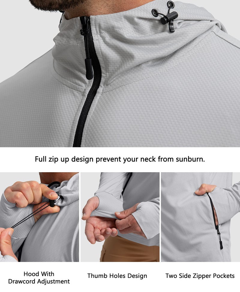Sejuani Men's UPF 50+ Light Jacket Full Zip Sun Protection Hoodie Long Sleeve Sun Shirts for Men Hiking Fishing Zip Pockets(Light Grey_S) - Image 5